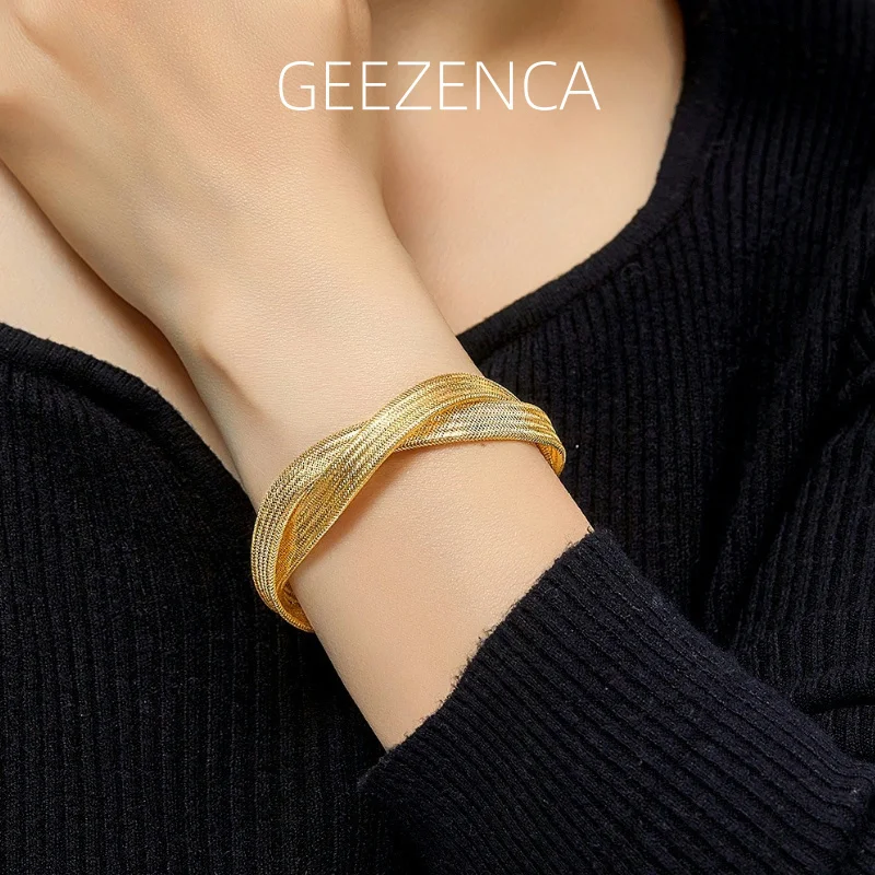 

GEEZENCA Италия Роскошный 925 Серебро 18 К Золото Сетка 2 Цепи Тканый Плоский Браслет Женские Сверкающие Изящные Браслеты 9 мм Любовь Подарок