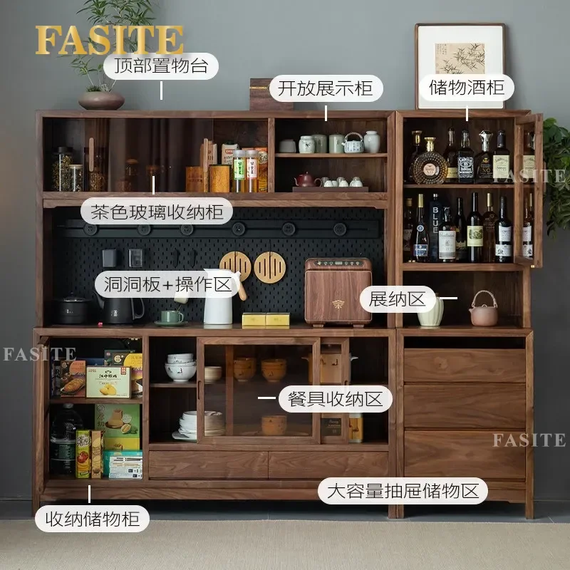 for North American Black Walnut Solid Wood Dining Side Cabinet Integrated High Wall Unit New Chinese Style Living Room Glass