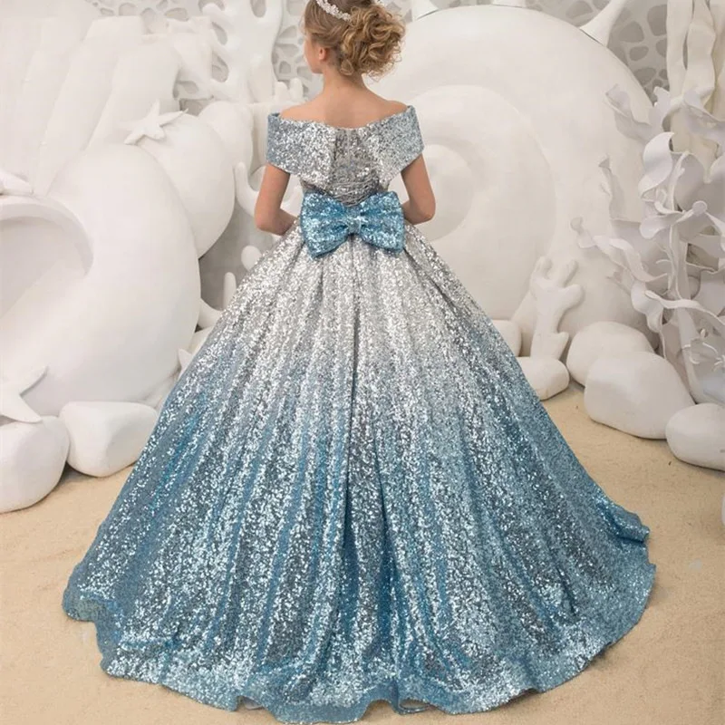 Custom Luxury Dress Wedding Guest Gown Flower Girl Gown Birthday Party Gown Pageant Show Silver Blue Gradient Sequin Off Shoulde