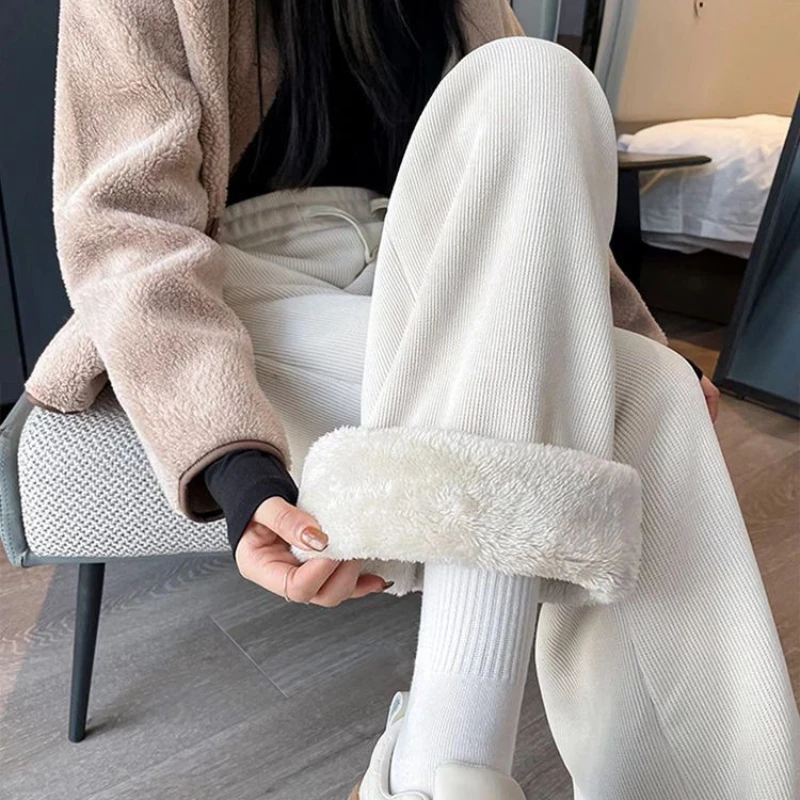 Casual Women Long Pants Autumn Winter Corduroy High Waist Wide Leg Pants Fashion Thick Lamb Wool Warm Fashion Straight Pants