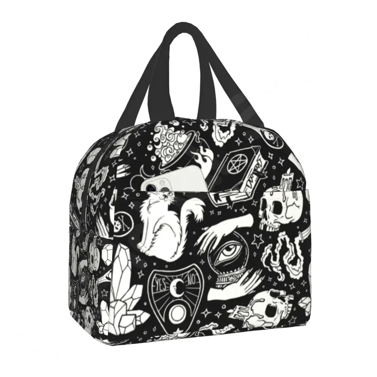 Herb Witch Pattern Insulated Lunch Bag for School Office Halloween Cat Skull Leakproof Cooler Thermal Bento Box Women Children