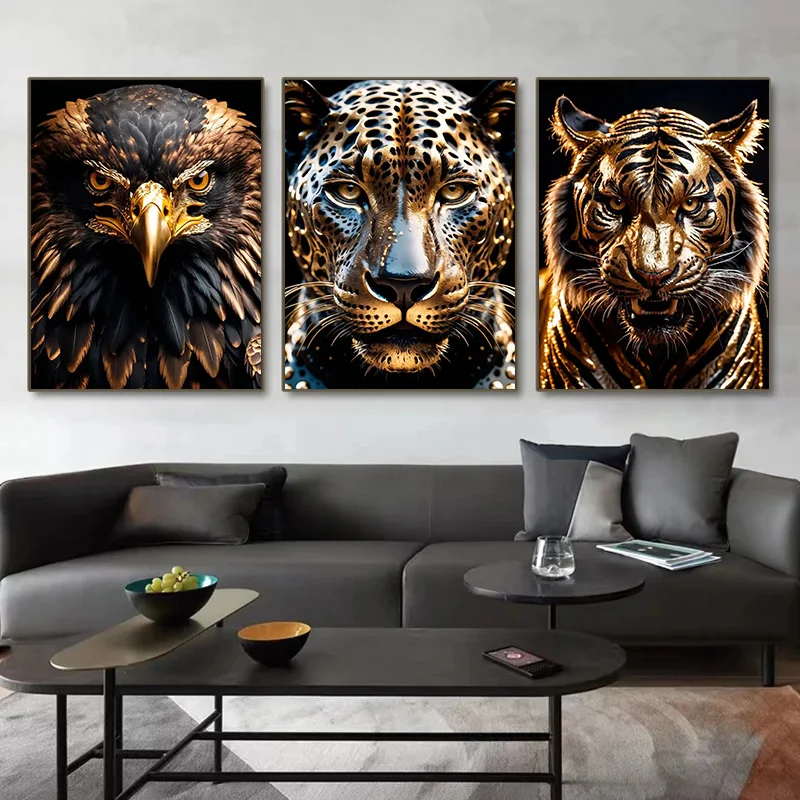 Luxury Black and Golden Animals Zebra Lion Tiger Eagle Wolf Wall Art Posters and Prints Canvas Paintings Picture Room Home Decor