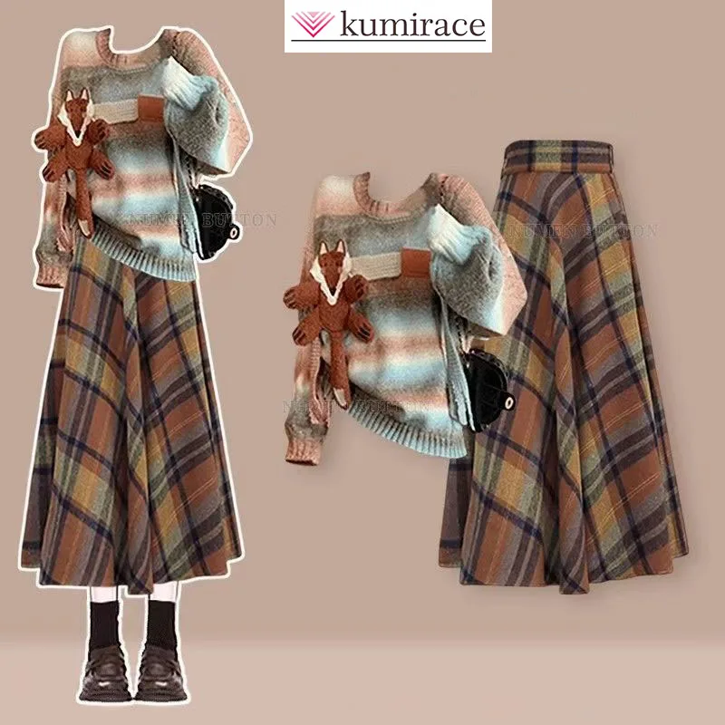 Autumn and Winter American Style Suit Women's Age Reducing Atmosphere Knitted Sweater with Plaid Skirt Two-piece Set Dress Sets