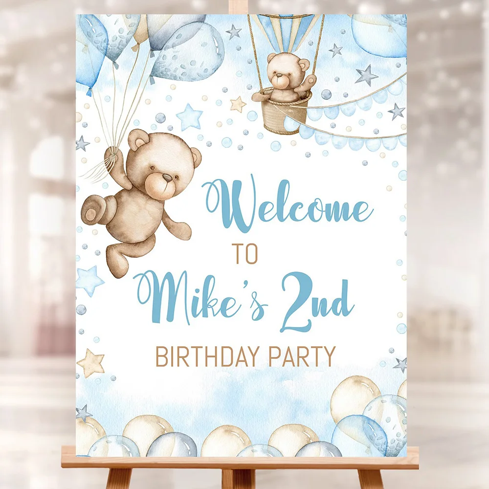 

Custom Birthday Welcome Sign Poster Teddy Bear Balloon Personalized Art Print Canvas Painting Wall Picture Baby Boy Party Decor