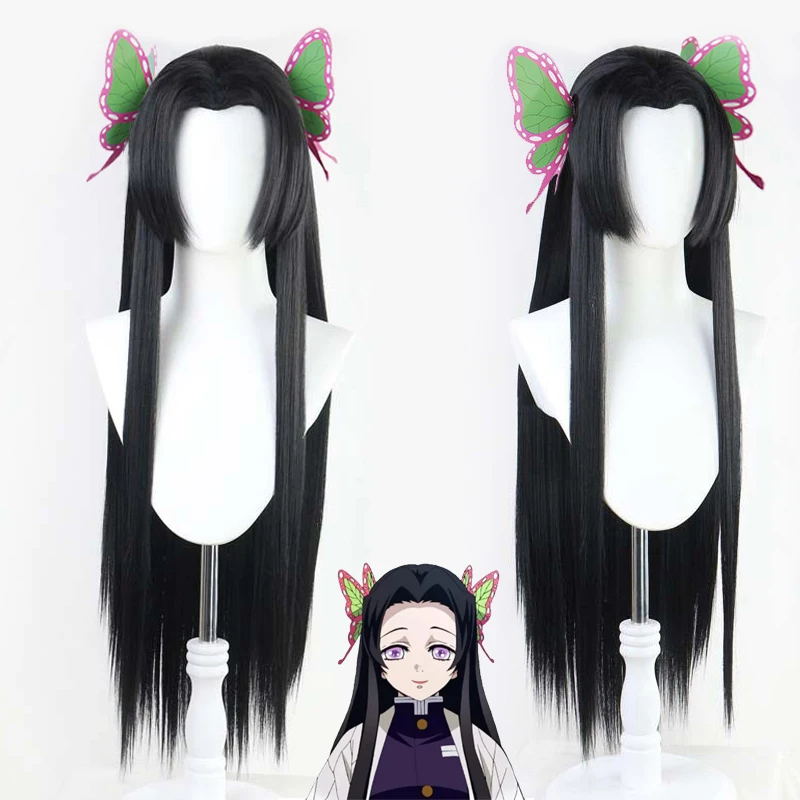 Kochou Kanae Wig Anime Demon Slayer Cosplay Kimetsu no Yaiba Wig Black Long Hairs Butterfly Headwear Women Halloween Wigs Props