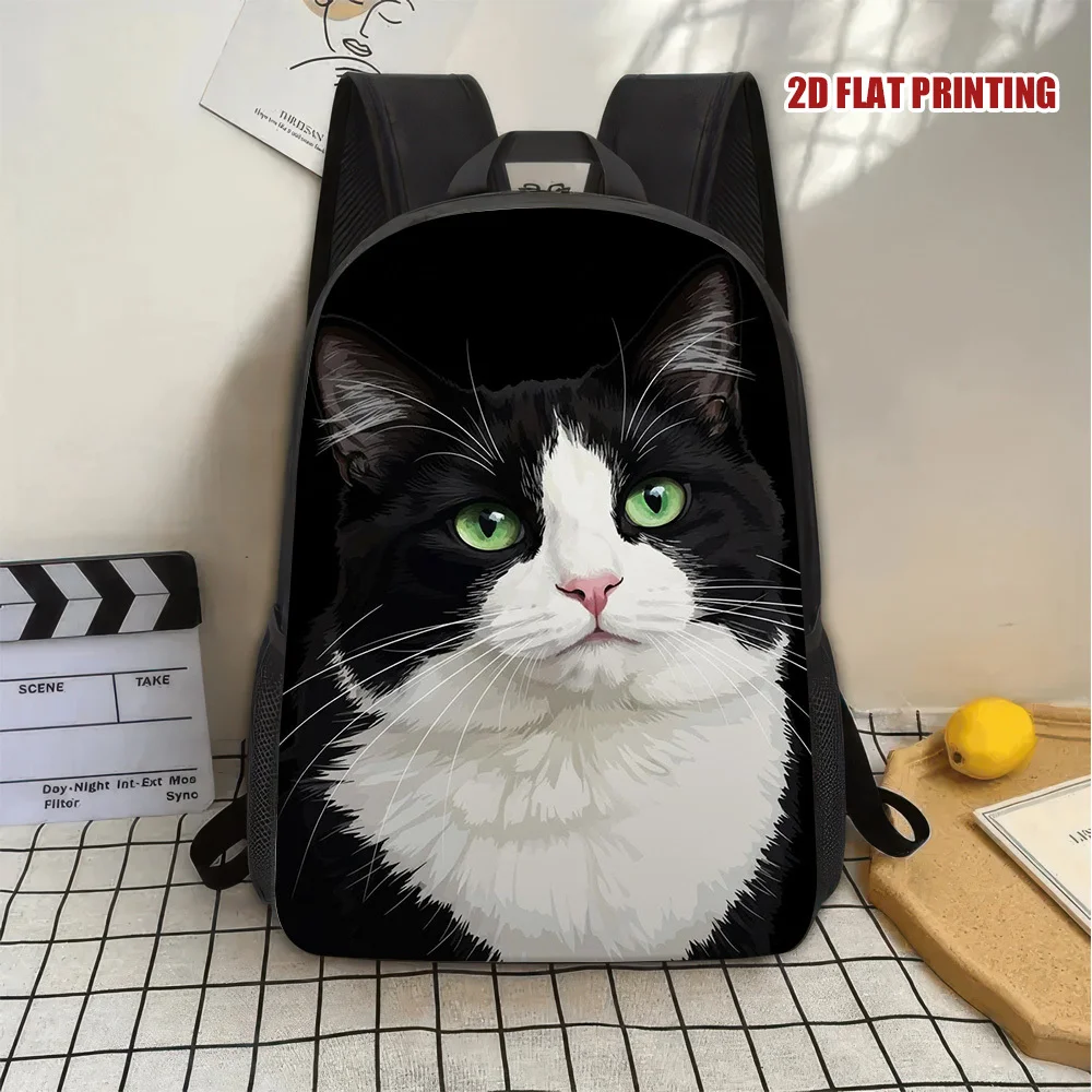 

2D-принт, 1 черно-белый рюкзак с портретом кошки, конструкция с множеством карманов, подходит для хранения предметов первой необходимости для работы и путешествий.