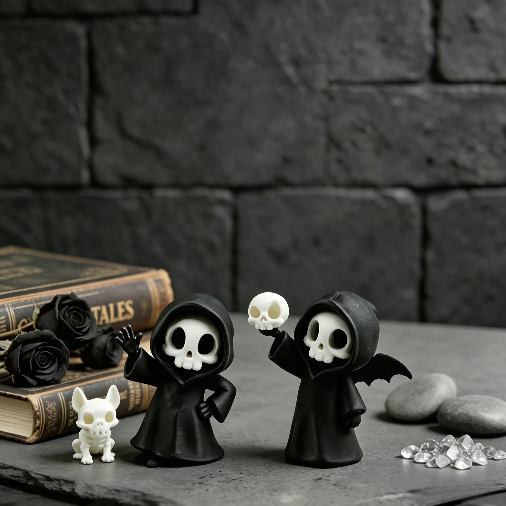 Mini Grim Reaper Resin Figure with Wings, Kawaii Skeleton Holding Skull, Gothic Desktop Ornament for Halloween Party Decor