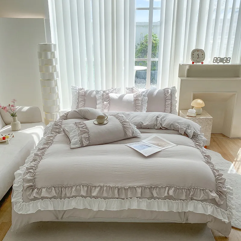 

Mocha Ruffle Princess Bedding Set Korean Style Contrast Duvet Cover Bed Linen Sheets Bedskirt Washed Cotton Queen King Size Soft