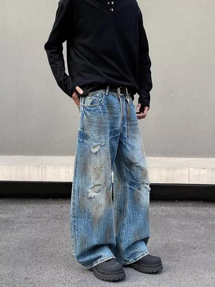 2000S Kleidung Y2K Grunge Old Dirty Washed Blue Baggy Zerrissene Jeans Hosen Für Männer 90S Vintage Kleidung Denim Hosen Ropa Hombre – Detail 11