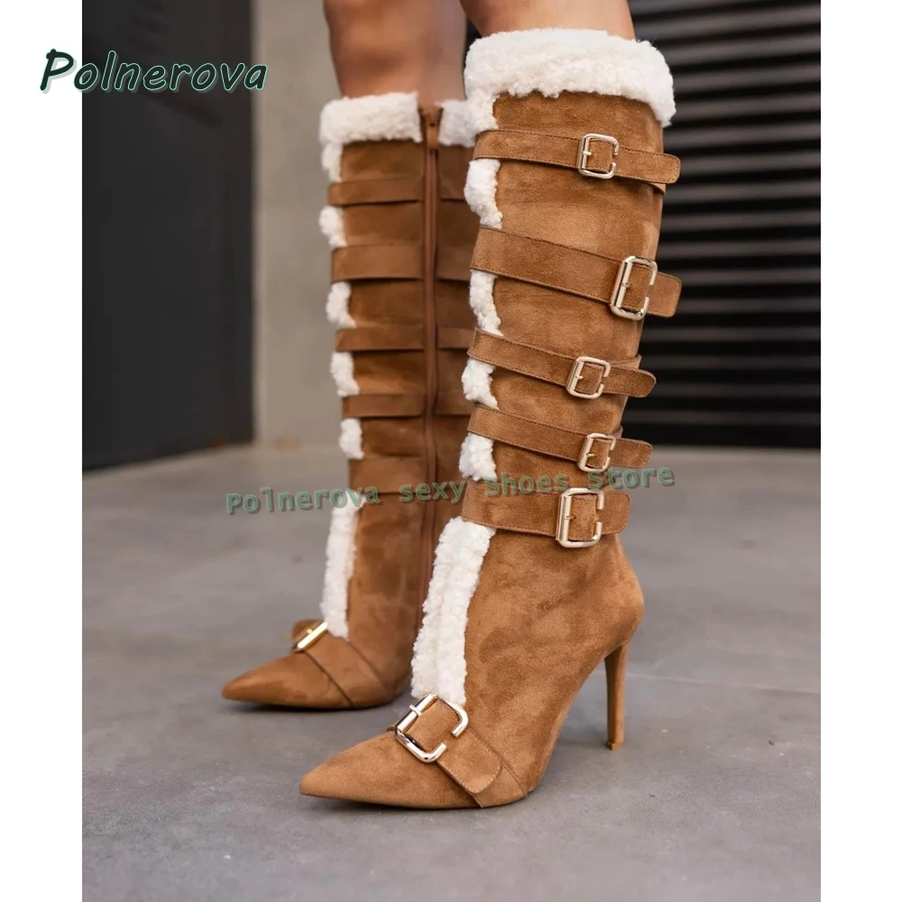

White Faux Fur sexy knee high boots 2025 new arrivals shoes pointed Toe Stiletto belt buckle patchwork Women Winter snow Boots