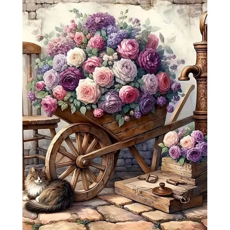 Painting By Number For Adults Flower Cart Drawing On Canvas Coloring By Number Vintage Garden Landscape HandPainted Art Gift Kit