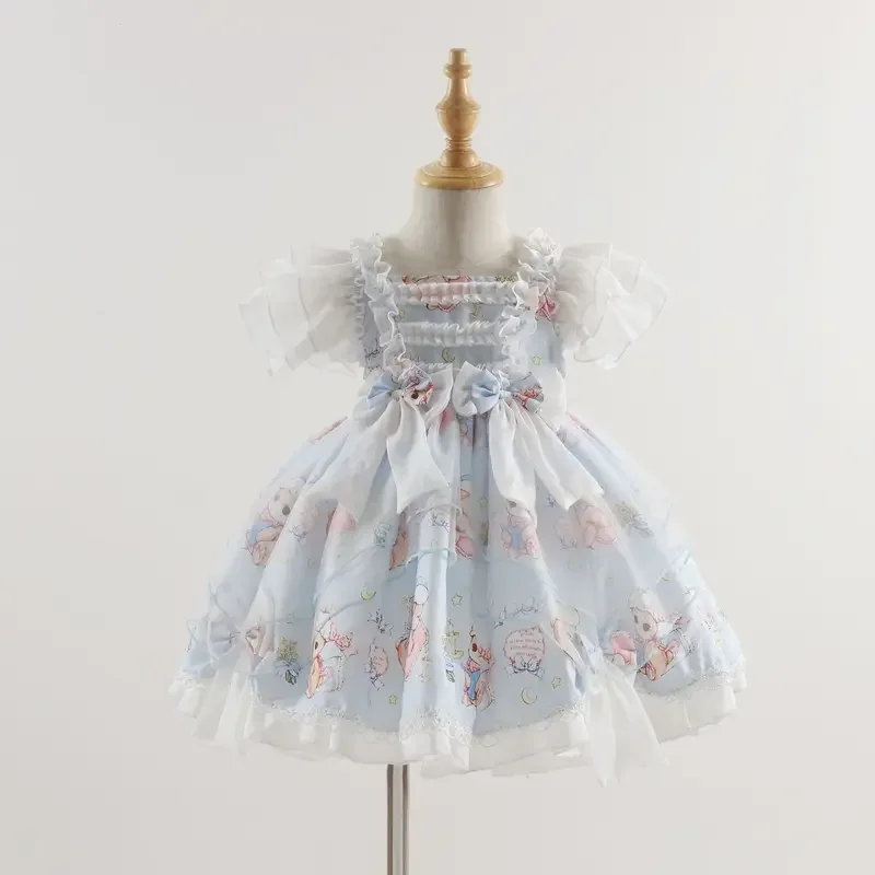 Robe de princesse à manches courtes pour bébé fille, bleu, maille, dentelle, vintage, espagnol, robe de RhLolita, Eid, Pâques, fête d'anniversaire, été