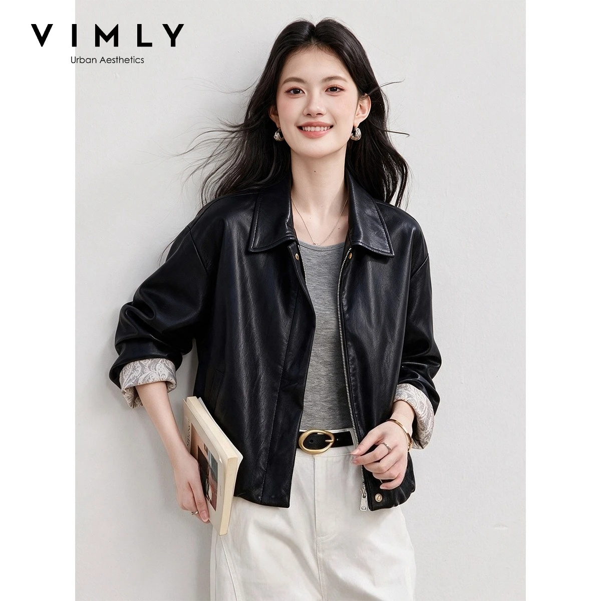 VIMLY Black Faux Leather Short Jacket Women 2026 Fall Winter Vintage Print Lapel Biker Coat Fashion Casual Female Outwear 31667