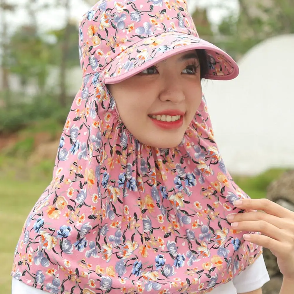 Women Anti-UV Sun Hat Beach Foldable Sunscreen Floral Print Caps Neck Face Care Wide Brim Hat New Summer Outdoor Riding