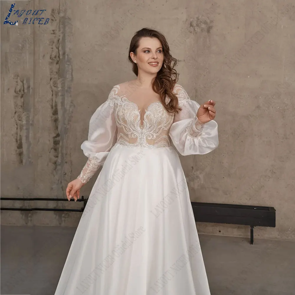 LAYOUT NICEB Lace Appliques Vestidos De Casamento A Linha Puff Sleeve Satin Bride Gowns Plus Size Backless Buttons robes de mariée 2024LAYOUT NICEB Lace Appliques Vestidos De Casamento A Linha Puff Sleeve Satin Bride G