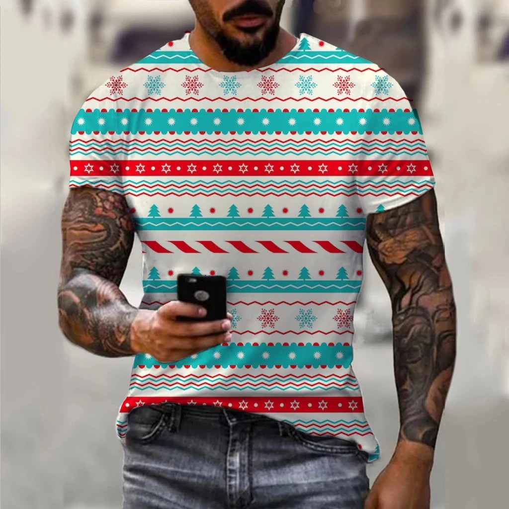 Carnival Party Hip Hop Men\'s Christmas Elf Santa Claus Printed T-shirt Fashion Trend Round Neck Loose Street Party Men\'s Round N