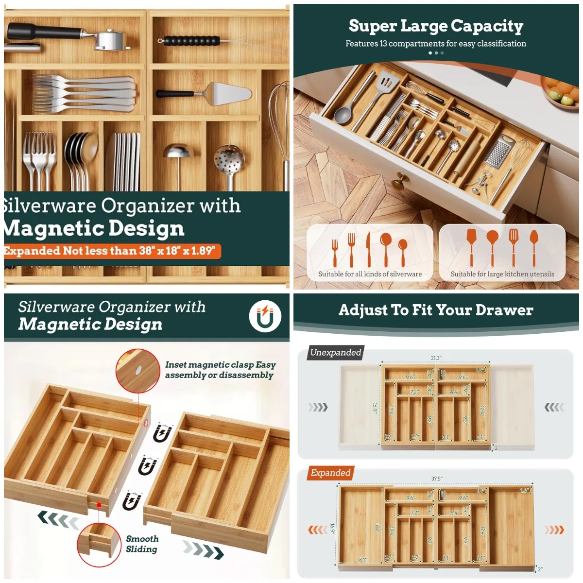 

Магнитный органайзер для столового серебра, расширяемый поднос с 13 слотами, регулируемый бамбуковый держатель для столовых приборов для кухни, подходит для 21–37,4 дюйма