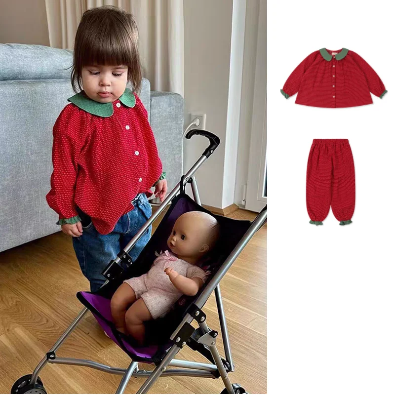 

Girl's Pullover Suit 2025 Winter New Red Strawberry Korean Version Children's Doll Collar Shirt Pure Cotton Loose Wide Leg Pants