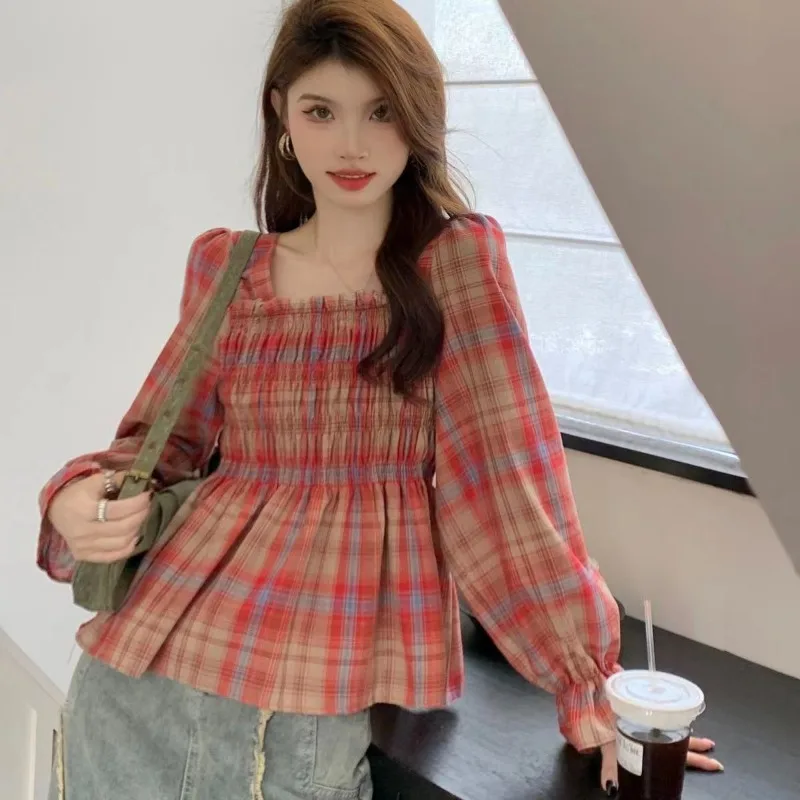 Nice Femme Spring Summer Korean Fashion Plaid Cotton Women Clothing Young Style Fashionable Appear Thin Pullovers Long Sleeve To
