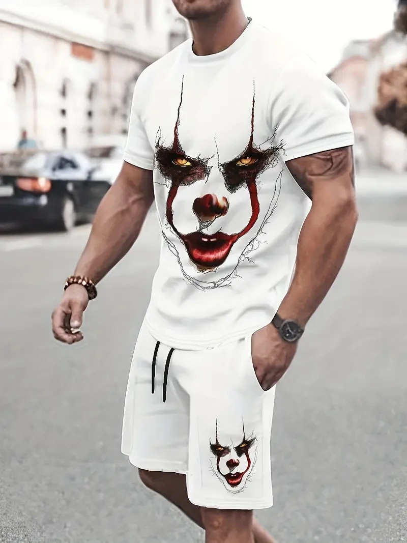 Men's Crew Neck T-shirt and Shorts, Hip Hop Style, Humorous and Wild, Sportswear, Casual, Punk, Fried Street, Two Pieces Clown