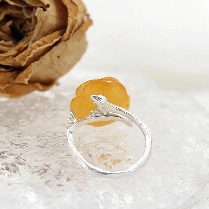 Authentic 925 Sterling Silver Opening Rings Inlaid Natural Amber Stereoscopic Flower Fashion Creative Lady Ring Jewelry Gift