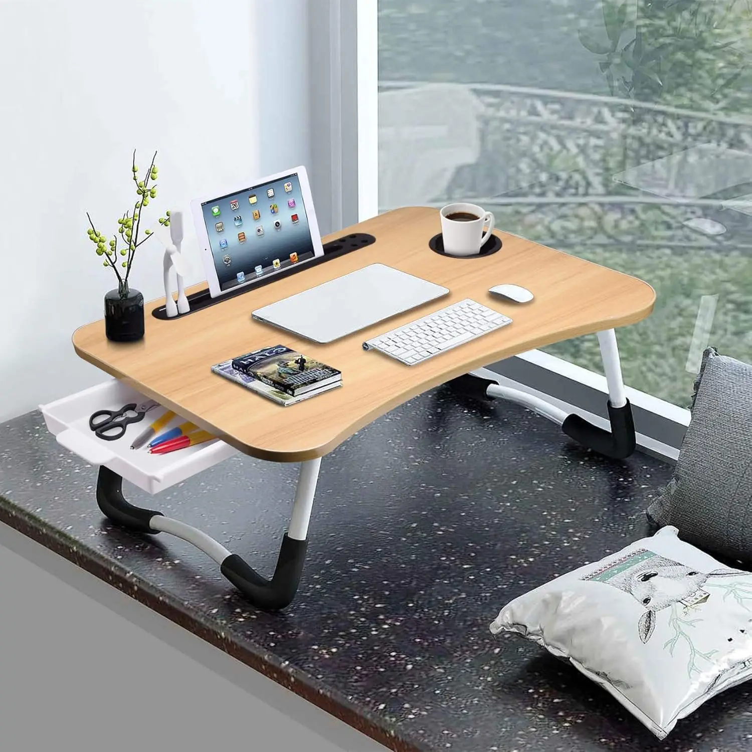 Laptop Table Folding Breakfast Tray Portable Lap Standing Desk Reading and Writing Holder with Drawer for Bed Couch Sofa Floor