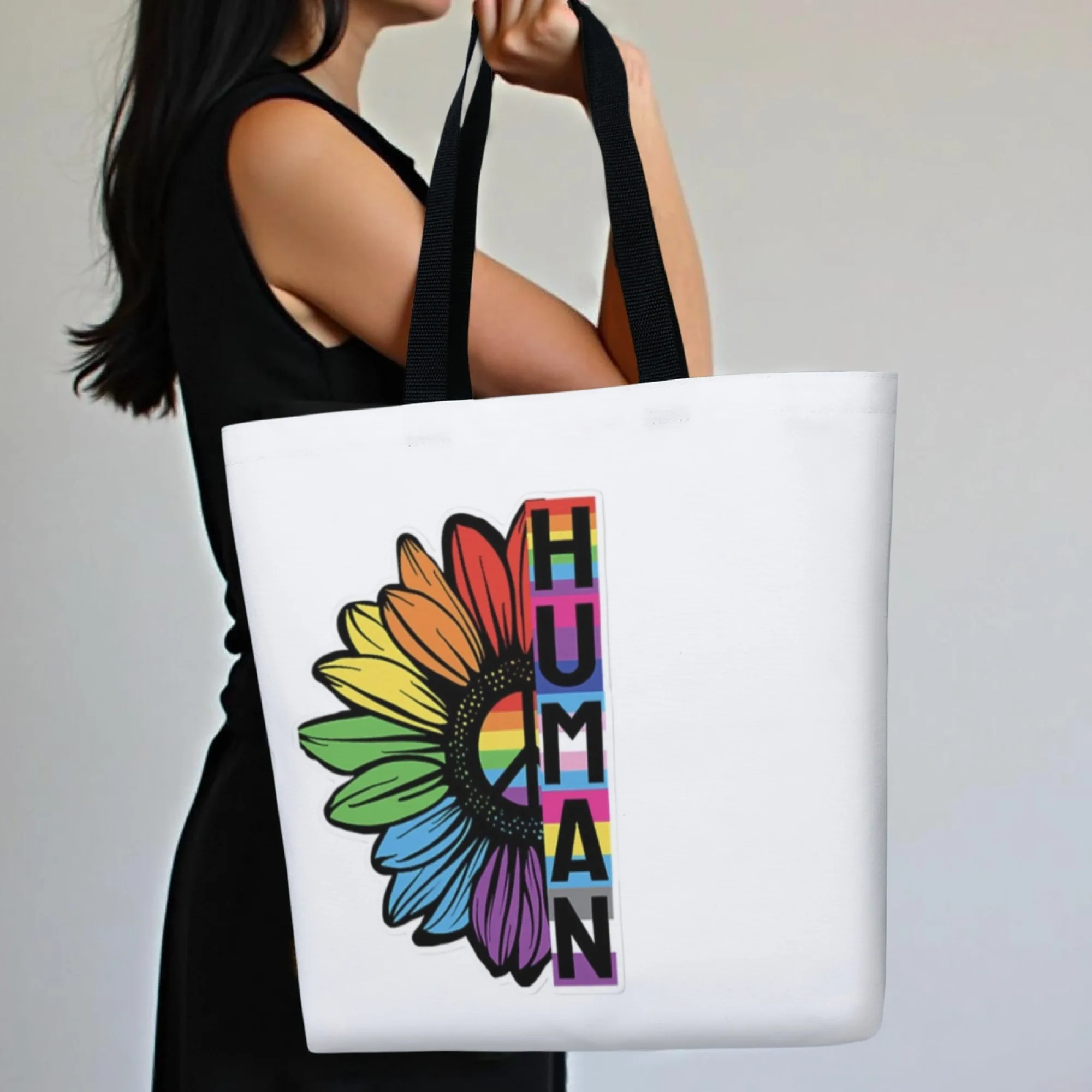 

Женская холщовая сумка-тоут с принтом «Теплая радужная градиентная подсолнуховая гамма», экологичная, в гуманистическом и инклюзивном стиле, с надписью, для учебы