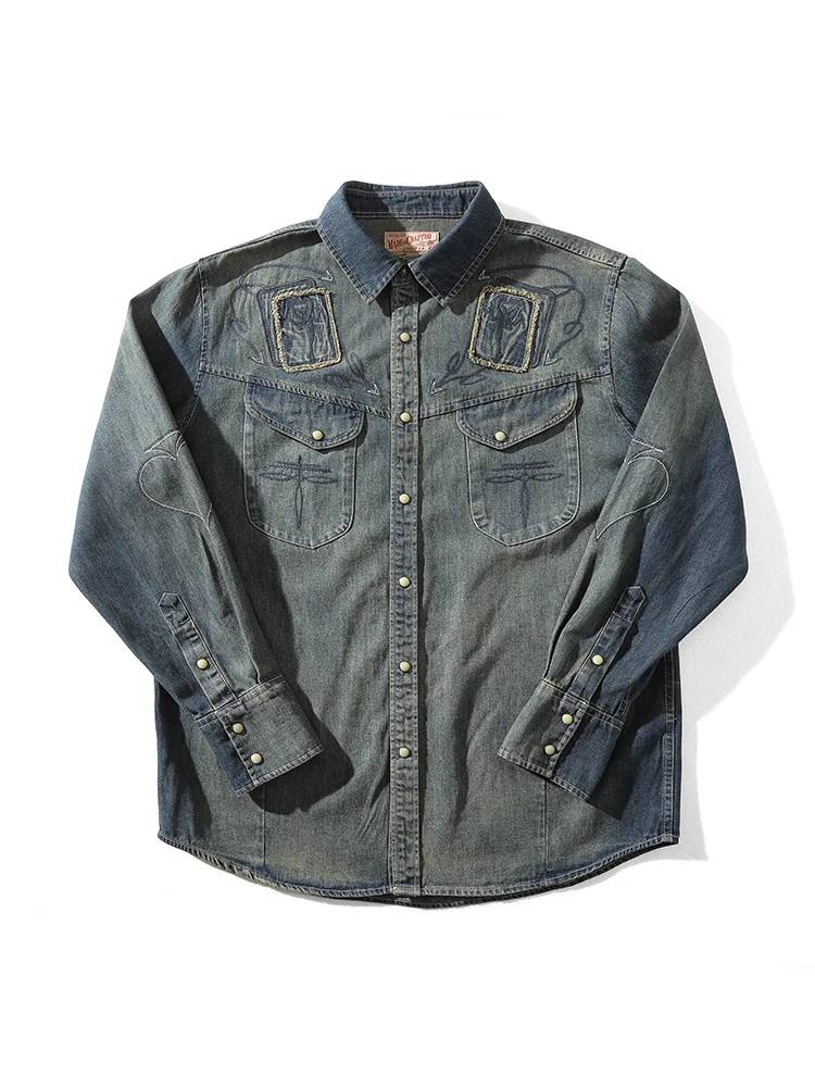 

Joker Devil Card 270G Gambler Embroidered Vintage Yellow Mud Waed Narrow Denim irt American Sle Loose Fit Long Sve C...