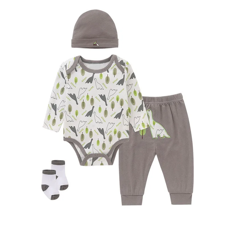IYEAL Spring Autumn Baby Boys Girls Floral Print Long sleeved Bodysuit+Pants +Hat + Socks 4-Pcs Baby Girls Cotton Clothing Set