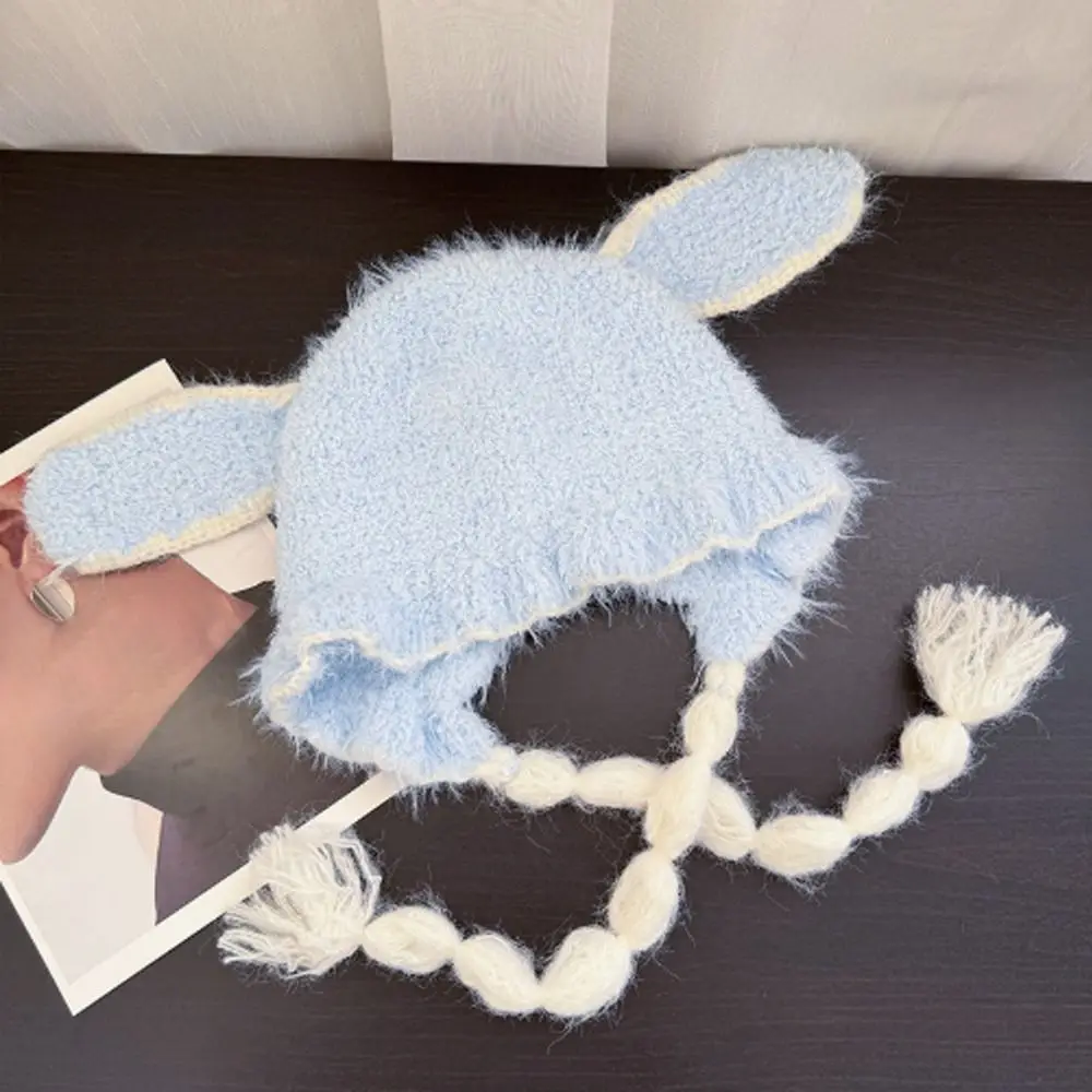 Soft Bunny Ear Hat Fuzzy Texture Braided Tassels Earflap Beanie Hat Long Earflaps Ruffled Brim Winter Hat Winter Daily Outfits
