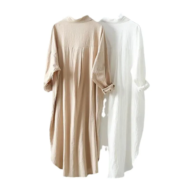 Blusa informal de lino y algodón para mujer, Vestido camisero blanco de longitud media, ropa coreana Vintage, Tops elegantes para primavera y otoño, 2024