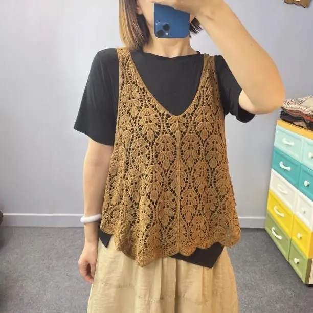 2024 new style Vest Vintage Hollow Out Crochet Summer Beach Cover Up Top Asymmetric v-neck Cotton Lace Waistcoat Knitted D278