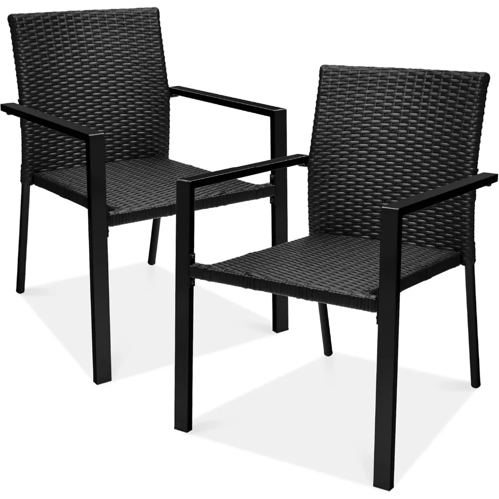 Set of 2 Stackable Outdoor Wicker Dining Chairs All-Weather Firepit Armchair w/Armrests, Steel Frame for Patio, Deck, Garden