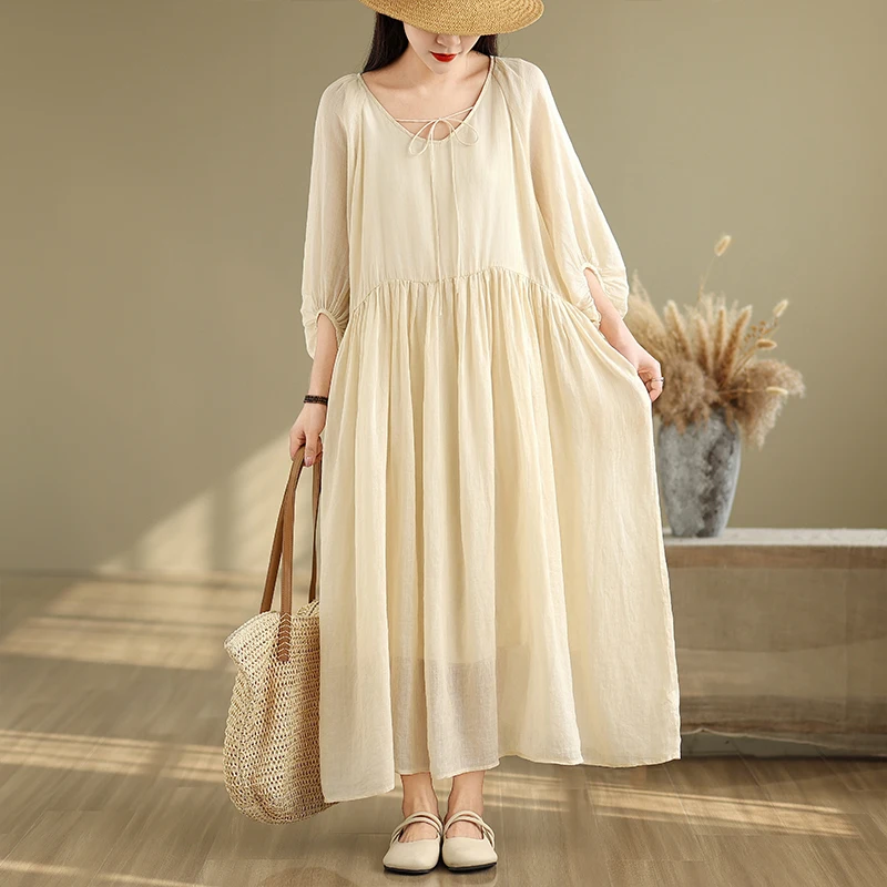 Primavera verão novo estilo chinês solto emaecimento aodão linho vestido f casual estilo preguiçoso cintura alta s...