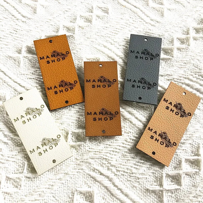 40pcs  Leather tags personalized logo Handmade labels for knitting clothing Sewing rectangle crochet garment label with rivets