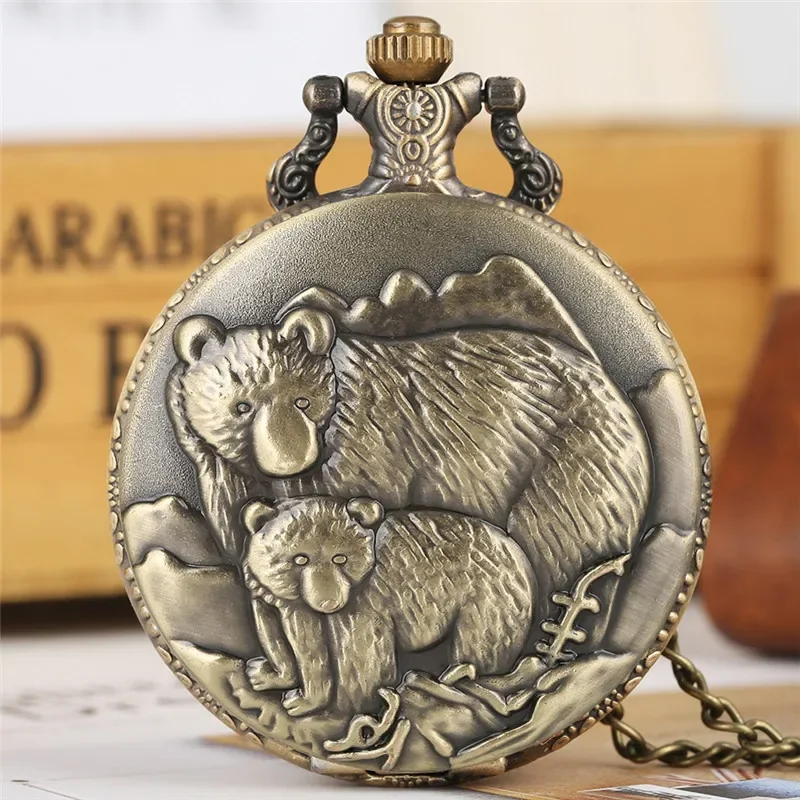 Antique Style Polar Bear Design Full Hunter Quartz Pocket Watch for Men Women Arabic Number Display Necklace Pendant Chain