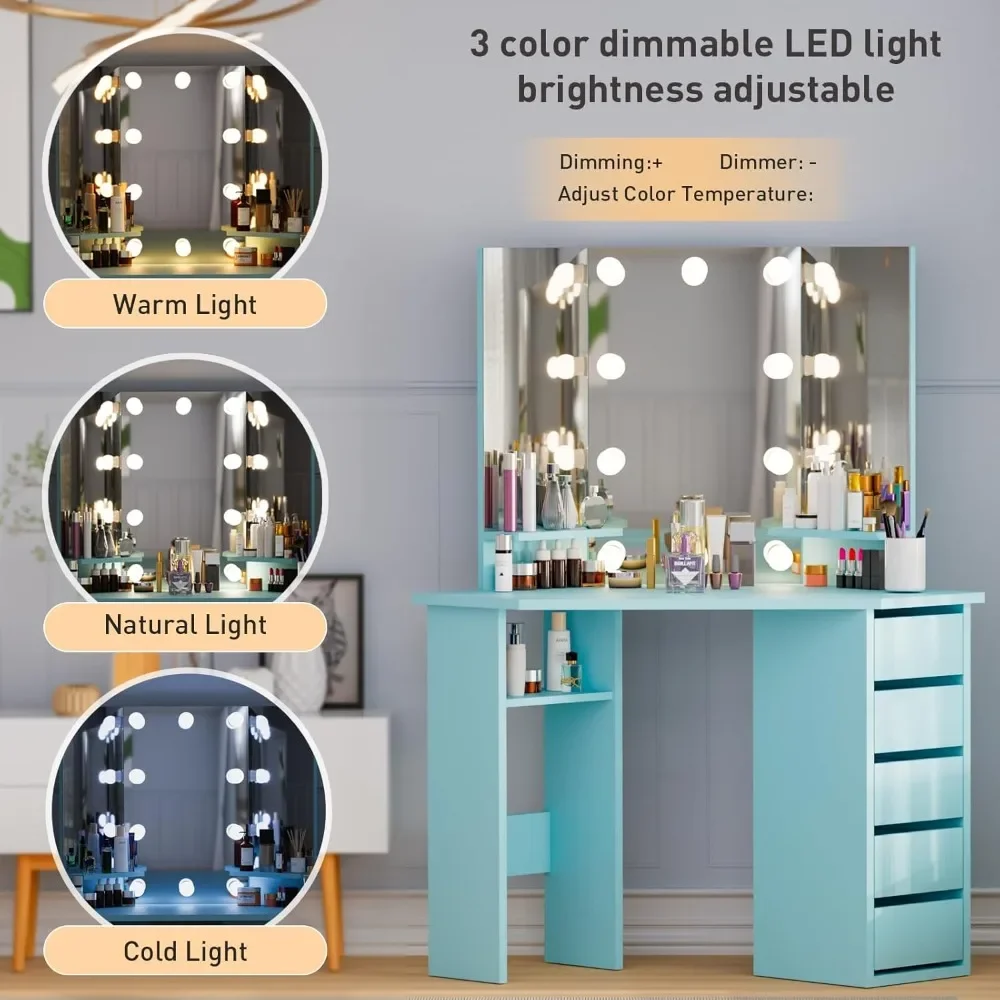 Corner Vanity Desk, Makeup Vanity with Lights, Bedroom Small Vanity Table with Lighted Mirror3Lighting Modes,Brightness Dimmable