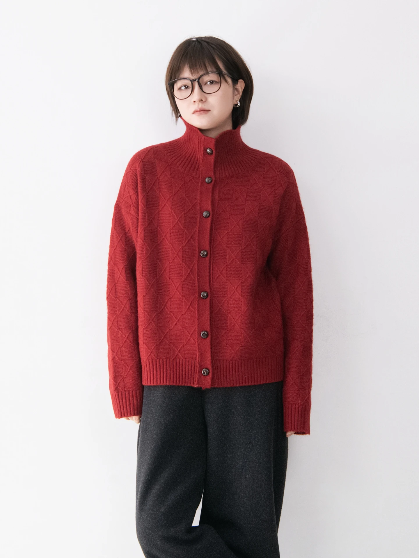 

Women's Knitted Cardigan Sweater Stand Collar Plaid Twist Pure Color Long Sve Warmth Inner Wear Red Lazy Sle Casual Loos...