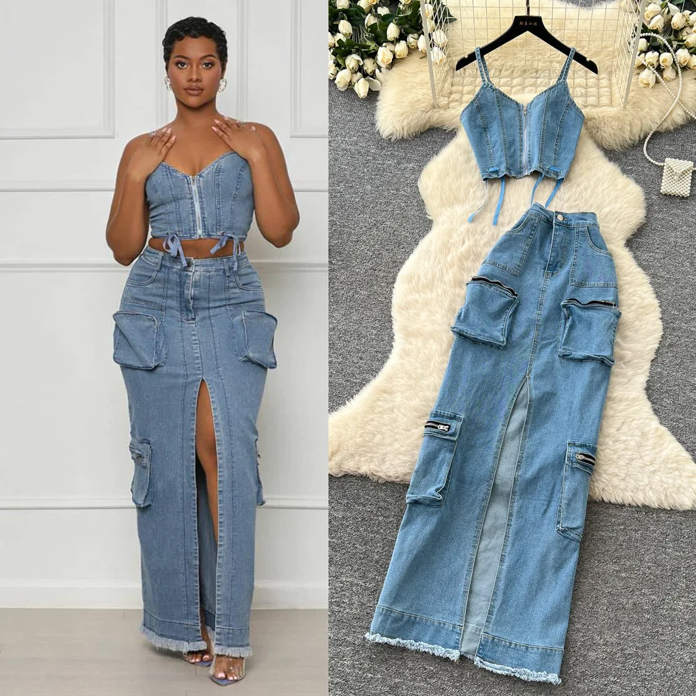 

Women Two Piece Sets Denim Skirt Set Sling Strapless Sleeveless Sexy Tops Long Skirts A Line High Waist Y2k Streetwear Elegant