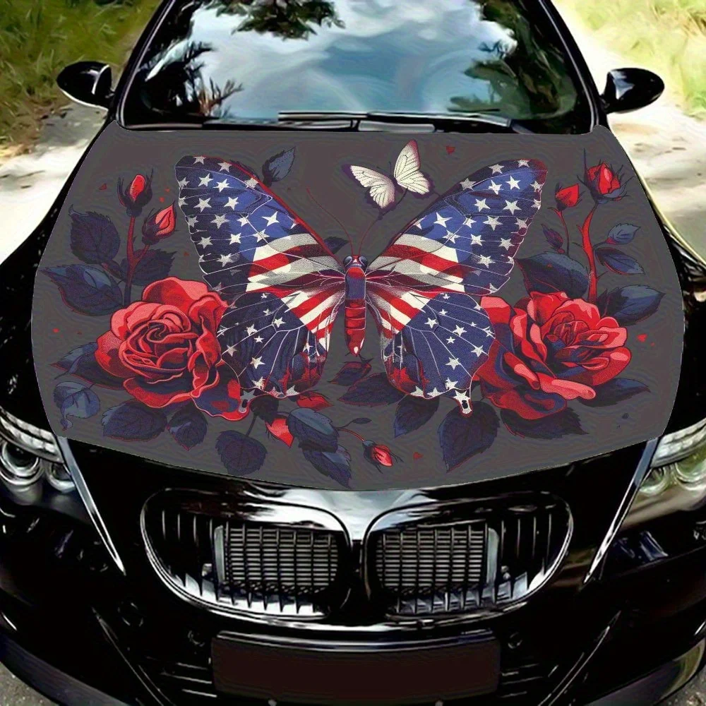 

Butterfly With American Flag Car Hood Wrap - Durable, Waterproof, And UV-Resistant PVC Sticker For Trucks, SUVs, And Boats With