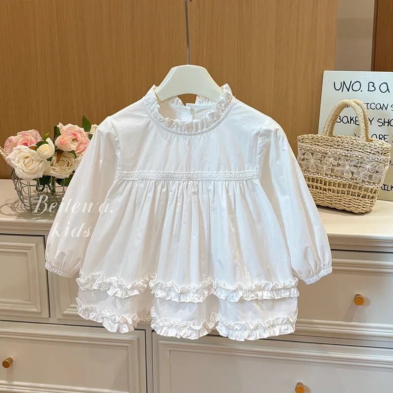 New Autumn White Ruffle Trim Long Sleeve Shirt, Korean Stylish Versatile Casual Blouse for Toddler Baby Little Girls