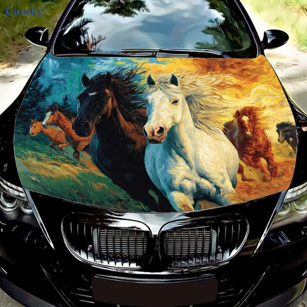 Vibrant horse artwork on car hood, featuring dynamic colors and energetic movement. Perfect for unique vehicle customization.Hoo