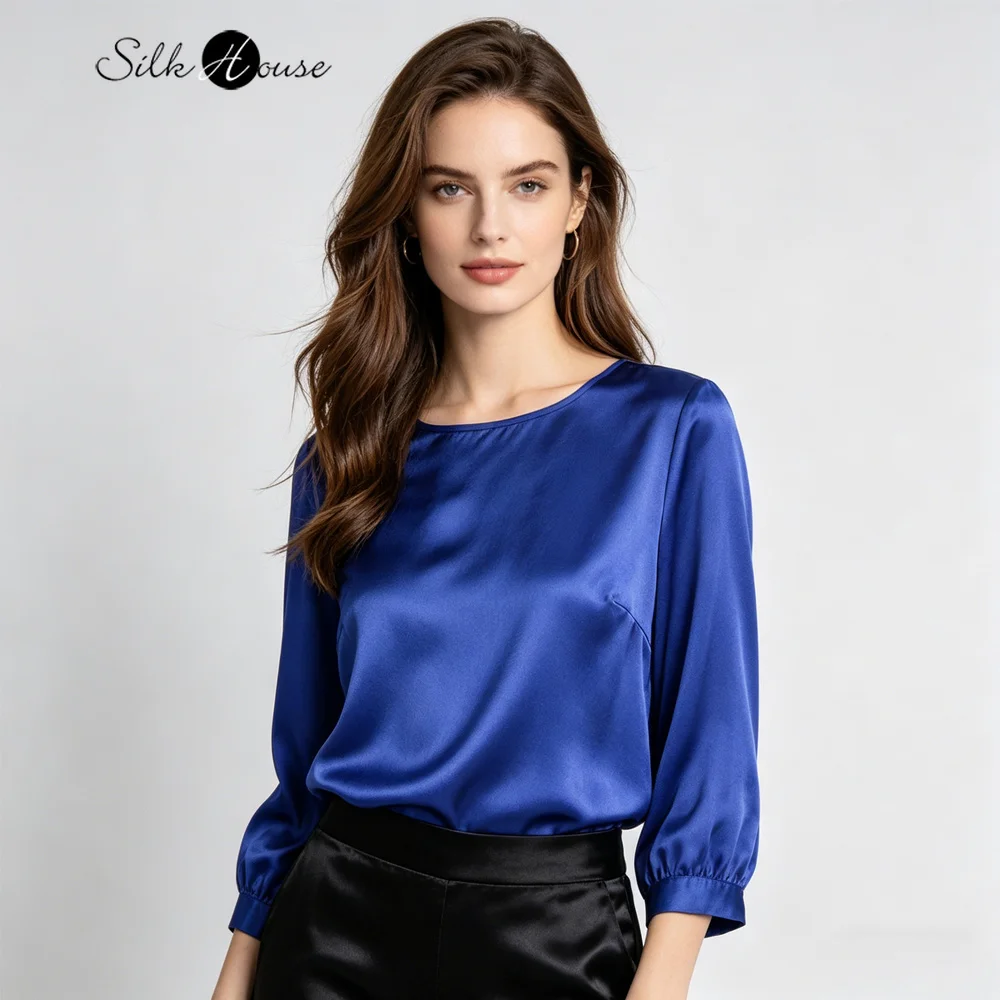 Women's Casual Summer Clothing 100%Natural Mulberry Silk Plain Satin Versatile Navy Blue Round Neck Three-quarter Sleeve T-shirt
