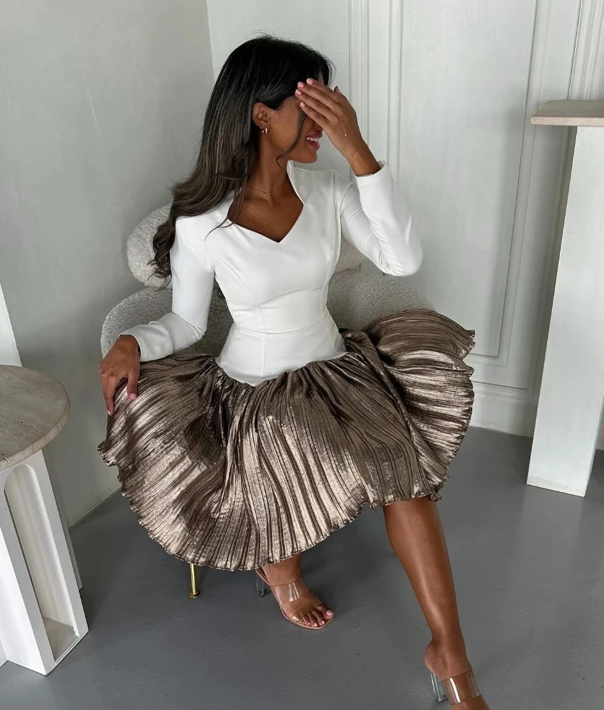 Personalizado sexy jérsei a linha vestido de noite temperamento com decote em v mangas compridas na altura do joelho vestidos de ocasião sob medida tamanho personalizado