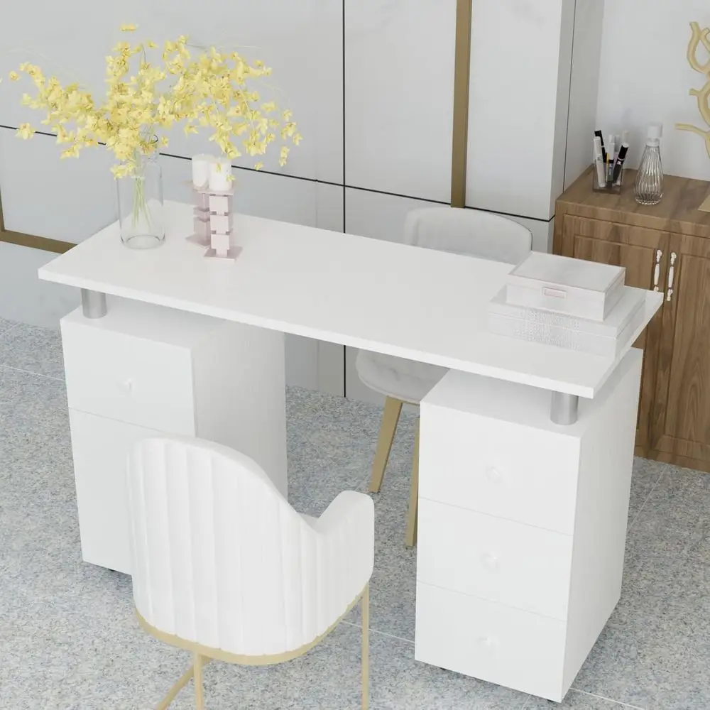 47 Nail Desk with Drawers, Wrist Support, Locking Wheels, Acrylic Resistant for Nail Art and Beauty Services, White