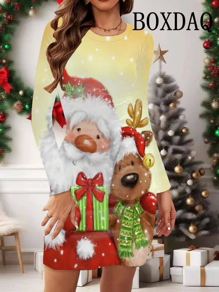 Vestidos con estampado de muñeco de nieve de Navidad para mujer, minivestido ajustado de manga larga con estampado 3D de copos de nieve de Navidad a la moda 2025