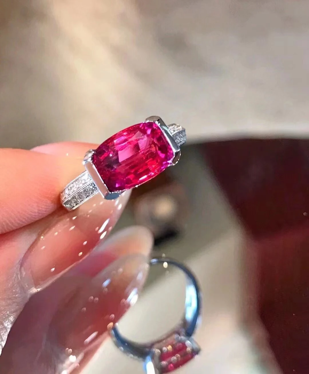 2024 NEW Creative Baguette Ruby Full Diamond Couple Ring For Women Red Geometric Crystal Zirconia Valentine Gift Party Jewelry