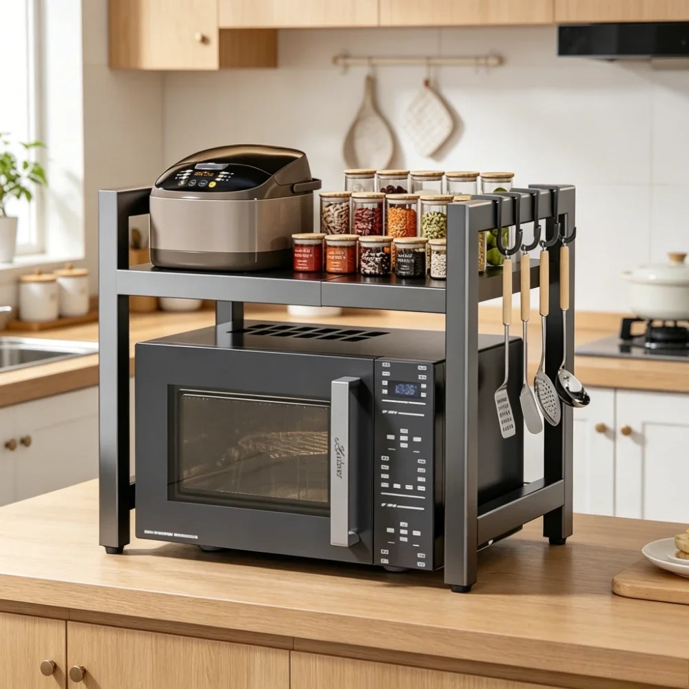 Organisateur d'étagère pour micro-ondes extensible de 42 à 64 cm, résistant à l'humidité et à la rouille, rangement pour vaisselle, 1 pièce
