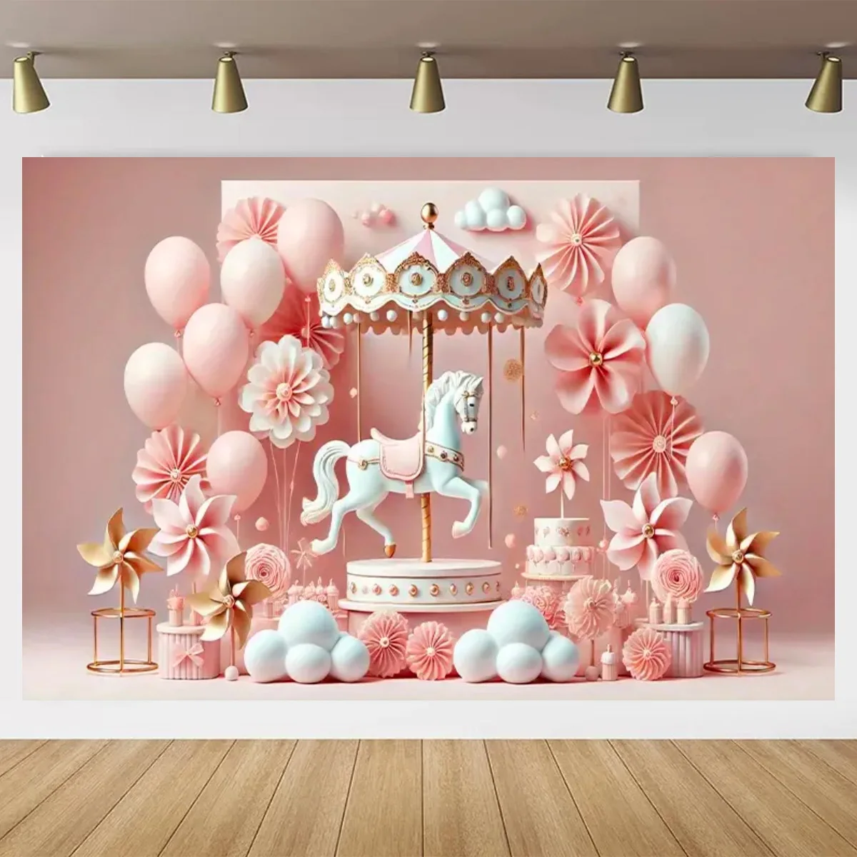 Dreamy Circus Carousel Theme Background Pink Stars Clouds Princess Room Decoration Newborn Baby Birthday Party Decoration  Banne