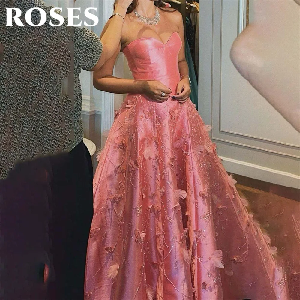 ROSES Hot Pink Elegant A Line Prom Dress Sweetheart 3D Flowers Formal Gown with Crystal Party Dress for Woman 프롬 드레스 Customized image 2